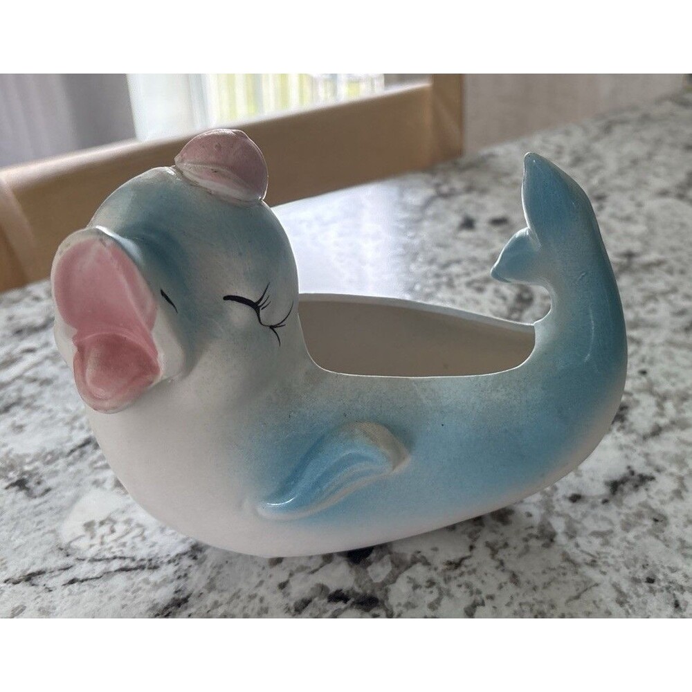 Vtg MCM Inarco Japan Anthropomorphic Blue Dolphin With Hat Planter E-2798